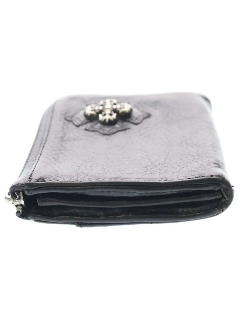 Chrome Hearts Filigree Cross Half Zip Leather Wallet Black Silver